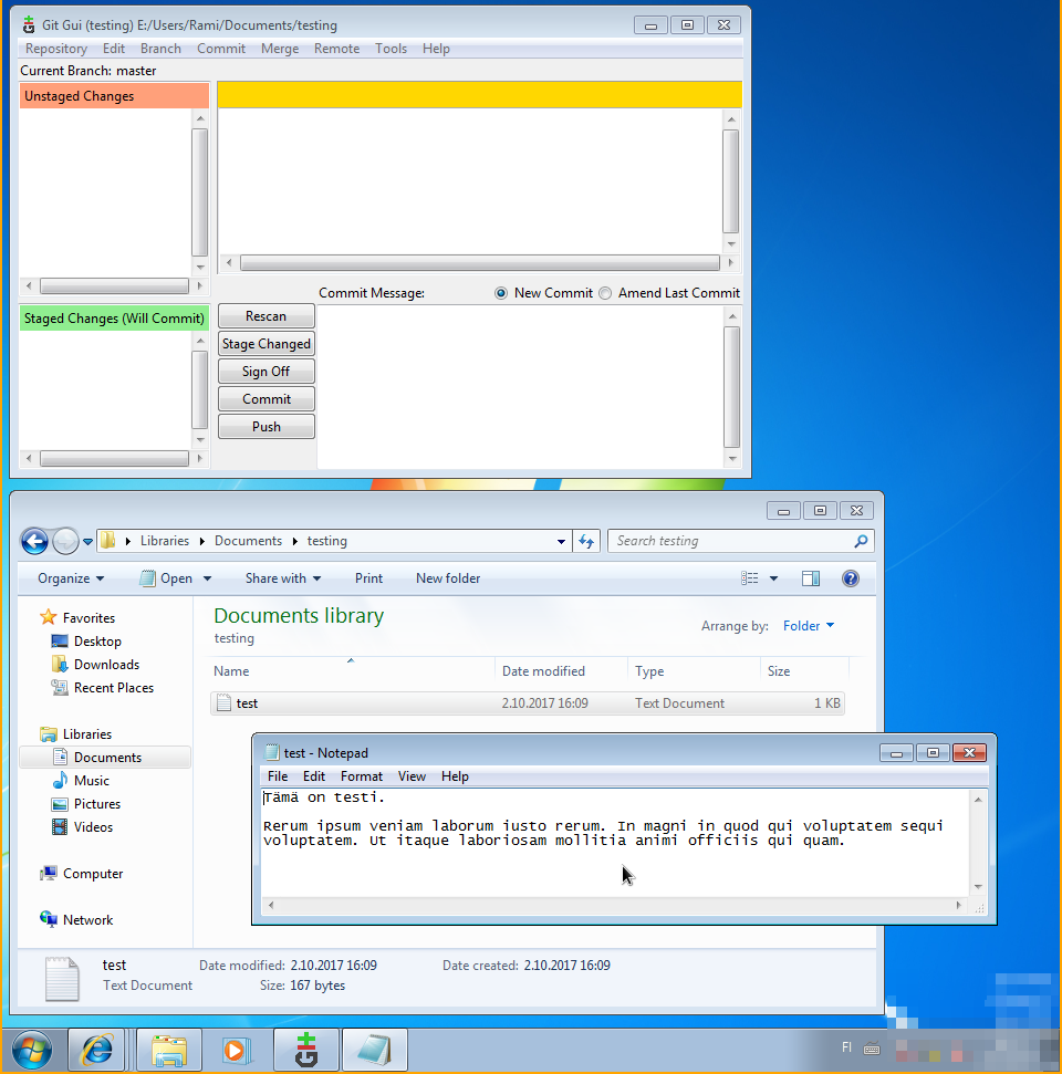 Git GUI, Windows Explorer ja Notepad